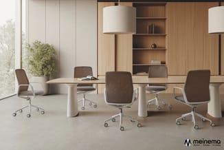 Modern kantoor met witte cilindervormige tafels, bruine bureaurstoelen met wielen, houten wandkasten, betonnen wanden en hang