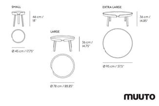 Muuto ronde tafels in vier maten: Small (Ø45cm), Large (Ø79cm), Extra Large (Ø95cm) en hoogte 36-46cm, met driepootvoet.
