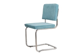 Bureaustoel met turquoise geribbeld bekleding en zilveren metalen buisframe, vrijdragende constructie.