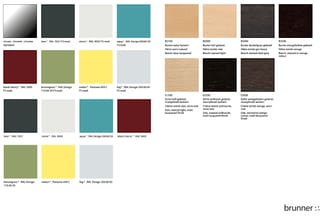 Kleurenpalet met verfkleuren en houtafwerkingen: chroomgrijs, donkergroen, lichtgrijs, turquoise, naturel beuk, donkergrijs,