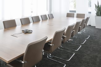 Moderne vergaderruimte met lange houten tafel, grijsbruine stoelen met chrome poten op donker tapijt, grote ramen, plantenpot