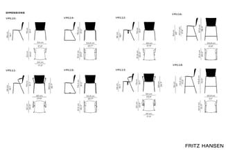 Technische tekeningen van acht Fritz Hansen stoelmodellen (VM110, VM111, VM112, VM113, VM114, VM115, VM116, VM118) met afmeti