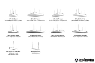 Overzicht Baffle Grid plafondpanelen in vierkante en rechthoekige vormen, Bold varianten en lichtmodule, met afmetingen.