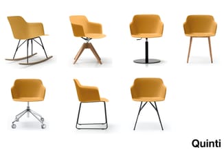 Zes gele stoelen van het merk Quinti in verschillende uitvoeringen: schommelstoel, draaistoel, barstoel, kantoorstoel en vast