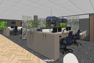 Modern open kantoor met beige werkeilanden, donkerblauwe bureaustoel, zwarte hangende lampen, grijze vloer, houten ingang en