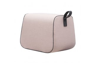 Beige opbergtas met donkergrijs piping en zwart handvat, cilindervormig design.
