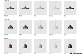 Drie hangende lampen in verschillende maten (Ratio 39, 29, 19) en vijf kleurvarianten: Burgundy, Marine, Olive, Silk Grey en