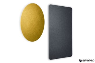 Twee akoestische panelen: geel ovaal paneel en donkergrijs rechthoekig paneel tegen witte achtergrond.