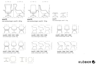 Technische tekeningen van Klöber stoelen en tafels met afmetingen: fauteuils woo75 en woo74, ergonomische stoelen woo71, woo5