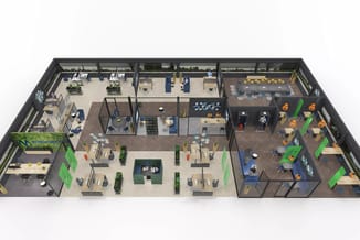 3D-plattegrond kantoorruimte met open werkplek, vergadertafels, lounge-zithoeken met blauwe en groene accenten, belcellen en