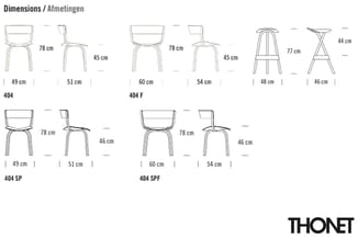Dimensionetekeningen van stoelmodellen 404, 404F, 404SP en 404SPF met zijdelingse aanzichten en afmetingen in centimeters. Da