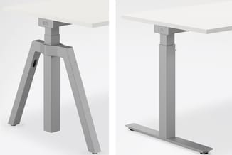 Twee tafelpoten variant: links driehoekige spreidpoten, rechts enkele kolompoot. Beide met "LN" logo en witte tafelblad. Grij