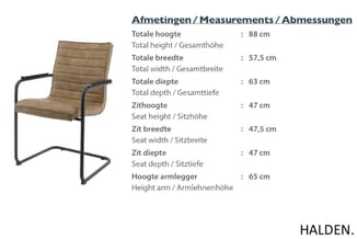 Bruine bureaustoel met zwart metalen frame en armleuningen, kantelvast onderstel. Afmetingen en details weergegeven.