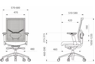 Technische tekening van twee kantoorstoel-varianten met afmetingen: linksmodel met mesh-rug (470-680mm breed), rechtsmodel me