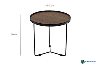 Ronde bijzettafel met donker houten blad en zwart metalen driepoot onderstel. Diameter 49 cm, hoogte 50 cm.