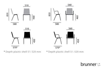 Vier stoelmodellen van Brunner met afmetingen: twee versies met grijze en zwarte kunststof zitting (510mm breed), twee versie