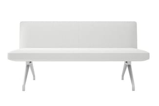 Witte designbank met hoge rugleuning en grijze schuine poten, frontaanzicht.
