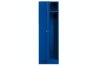 Blauwe archiefkast met twee deuren, verticaal georiënteerd, voorzien van een klein bovenkastje met glazen deuren.