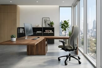 Modern kantoor met houten bureau, zwarte kastenwand, grijze bureaustoel, potplanten en panoramisch raamzicht op stad.