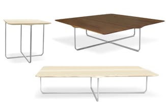 Drie varianten van minimalistische tafels met metalen frames: kleine vierkante tafel, grote diamantvormige tafel in donker ho
