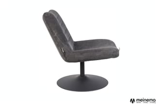 Grijze draaibare loungefauteuil met ronde zwarte voetsteun op witte achtergrond.