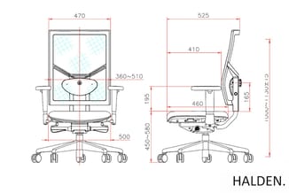 Technische tekening Halden bureaustoel met afmetingen, front- en zijaanzicht, zwarte frame, blauwe netrug, verstelbare zithoo