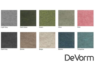 DeVorm kleurenpalette: 10 stoffen monsterkleuren in grijs, groen, beige, roze, blauw en turquoise tinten.