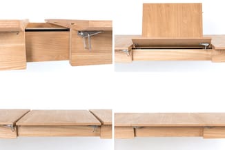 Houten vergadertafel met uitschuifmechanisme in verschillende standen, toonende openings- en uitschuifdetails van het tafelbl