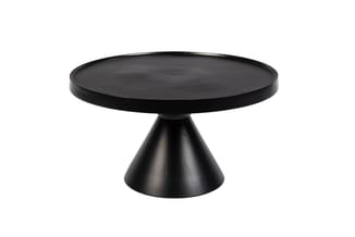 Zwarte ronde tafel op conische voet, minimalistisch design, geïsoleerd tegen witte achtergrond.
