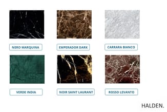Zes marmeren steensoorten in verschillende kleuren: Nero Marquina, Emperador Dark, Carrara Bianco, Verde India, Noir Saint La