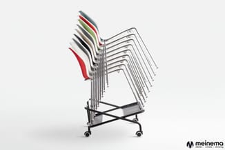 Stapelbare kantoorstoel in zwart metaal met gekleurde kunststof rugleuningen (grijs, rood, groen, wit, zwart) op zwenkwielen,
