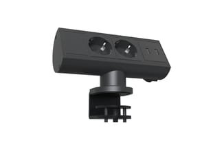 Zwart bureausteun met twee stopcontacten, USB-poorten en klembevestiging op paal.