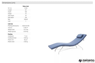 Relax chair 2-406: blauwe chaise longue met hoofdsteun en metalen frame, naast technische specificaties en verpakkingsinforma