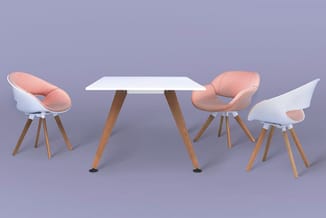 Moderne vergadertafel met witte blad en houten poten, omgeven door vier design stoelen met roze binnenzijde en wit-houten fra
