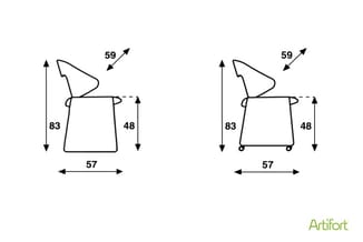 Technische tekening van een kantoorstoel met afmetingen: zithoogte 48cm, totale hoogte 83cm, zitbreedte 57cm. Twee uitvoering