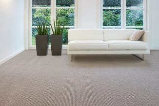 Witte moderne bank met metalen onderstel in lichte kamer met grote ramen, twee donkergroene plantenpotten en grijs tapijt.