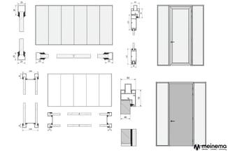 Technische tekeningen van schuifdeursysteem met afmetingen, details van rail-, geleider- en slotmechanisme, en perspectiefen