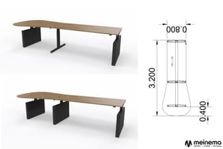 Houten vergadertafel met zwarte trapeziumvormige poten, in twee- en eenpootuitvoering. Technische tekening met afmetingen 008