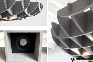 Grijze plafondlamp met lamellendesign en ingebouwde spotverlichting, getoond van verschillende hoeken en in montageconfigurat