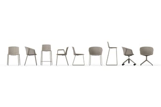 Negen grijze stoelen in verschillende uitvoeringen: draaistoel, vaste stoelen en barkrukken met metalen frames, op een rij we