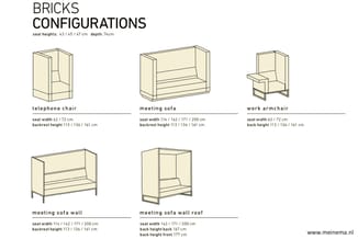 Bricks configuraties: telefoonzetel, meeting sofa, work armchair, meeting sofa wall en meeting sofa wall roof met afmetingen