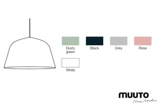 Hanglamp met trapeziumvormige kap in de kleuren dusty green, zwart, grijs, roze en wit. Muuto-logo onderaan.