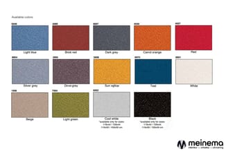 Kleurpaletkaart met 14 beschikbare stoffen voor meinema-meubels: lichtblauw, baksteenrood, donkergrijs, carrotoranje, rood, z