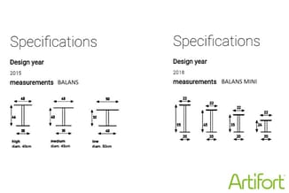 Technische specificaties Balans hanglamp (2015) en Balans Mini hanglamp (2018) met afmetingen in centimeters voor drie groott