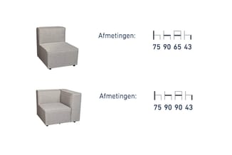 Twee grijze zitmodules met afmetingen: bovenste module 75x90x65x43cm, onderste hoekmodule 75x90x90x43cm.