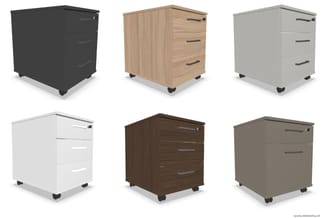 Zes mobiele ladekasten in verschillende kleuren: zwart, naturel hout, lichtgrijs, wit, donkerbruin en taupe.