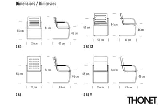 Technische tekeningen van vier stoelmodellen (S 60, S 60 ST, S 61, S 61 V) met afmetingen in centimeters, weergegeven in voor