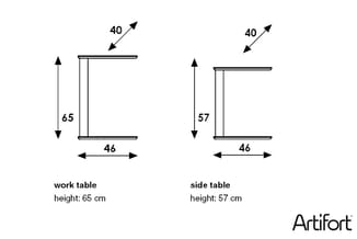 Technische tekening van twee Artifort tafels met afmetingen: work table (65 cm hoog, 46 cm breed, 40 cm diep) en side table (