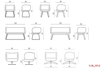 Technische tekeningen van diverse stoelen en banken met afmetingen in centimeters. Bovenrij: vier individuele stoelen. Midden