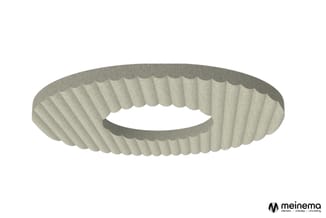 Ronde akoestische plafondpaneel met verticale ribbelstructuur in grijs-wit, gezien vanaf schuin bovenaanzicht.